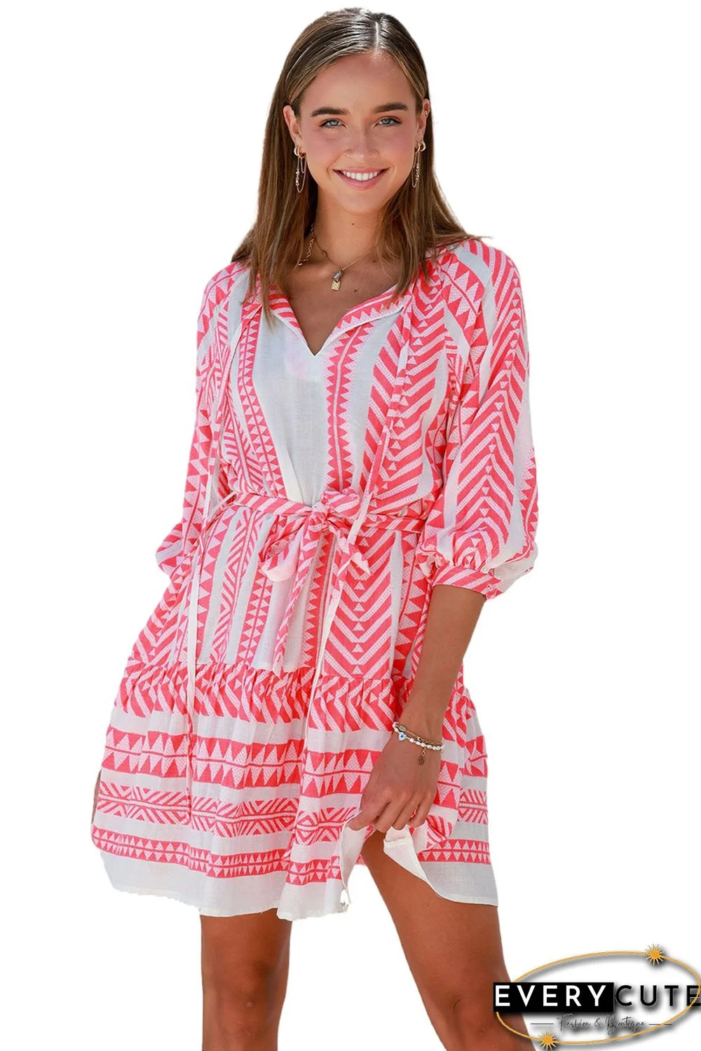 Red Geometric Print Belted Puff Sleeve Dress