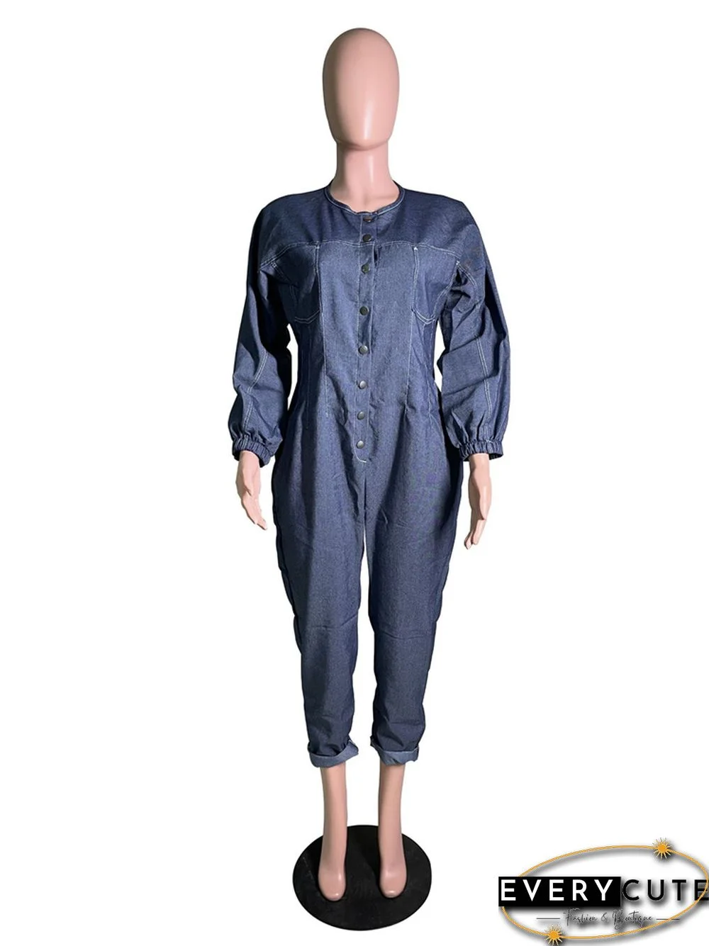 Long Sleeve Pocket Button Loose Denim Jumpsuit