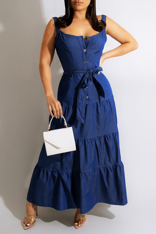 U Collar Tie Waist Tiered Denim Maxi Dress