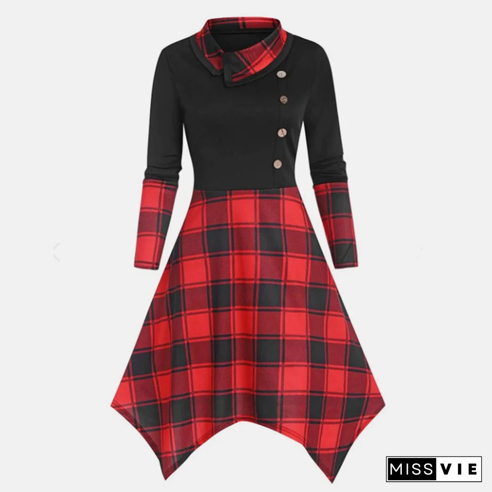 Lapel Button Decor Plaid Splice Irregular Dress