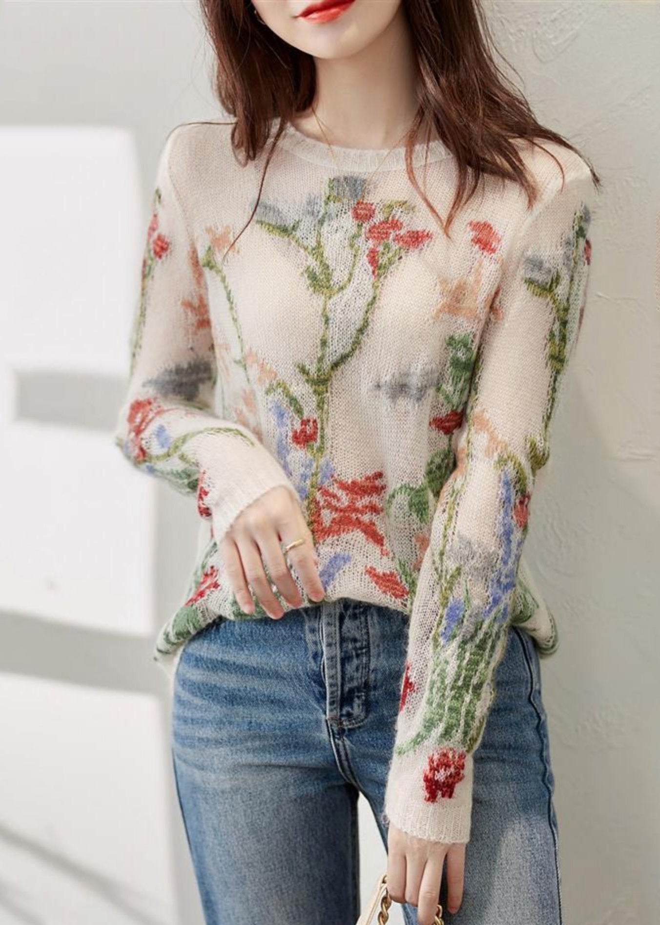 VCSHOES O-Neck Floral Hollow Out Knit Sweaters Spring