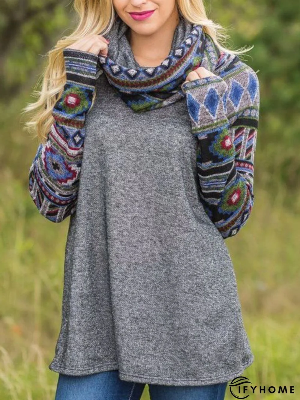 Long Sleeve Printed Cowl Neck Casual Tunic Top | IFYHOME