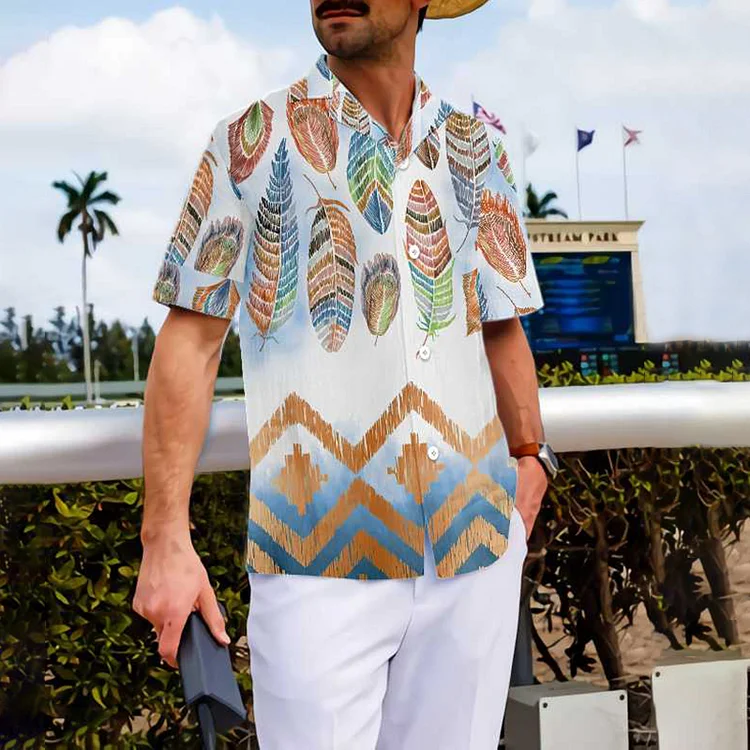 BrosWear Trendy Gradient Feather Print Cuban Collar Shirt
