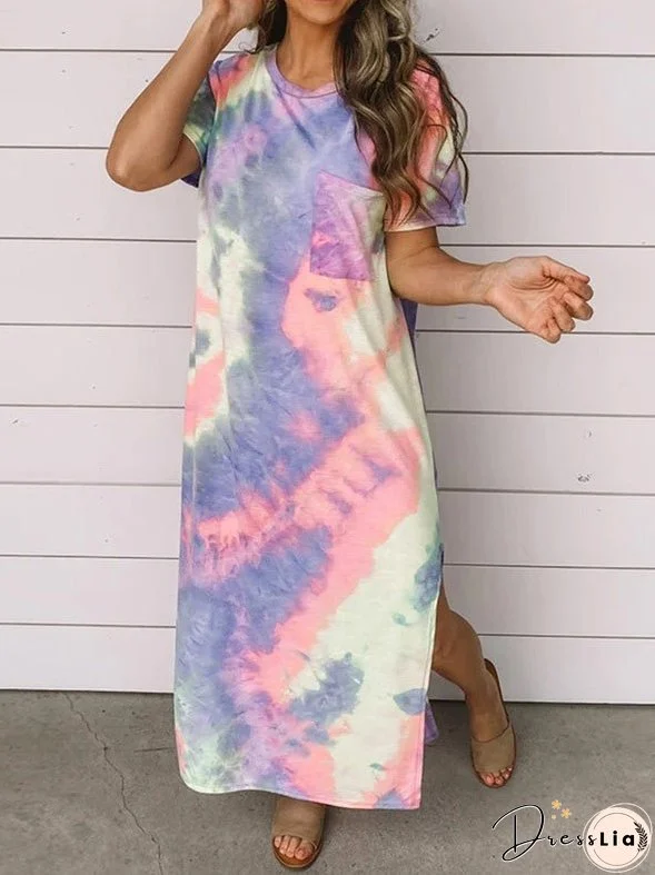 Dresses Tie-Dye Print Crew Neck Pocket Slit Dress for Women