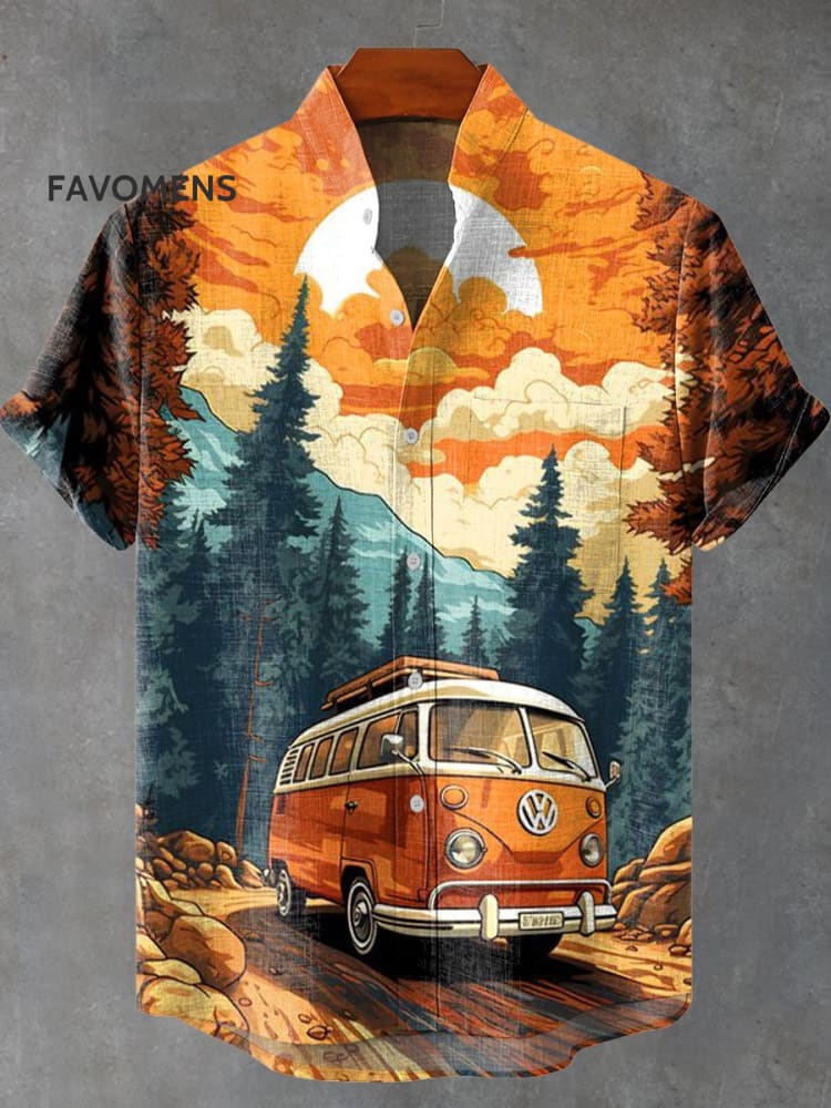 Cute Cartoon Minibus Vintage Print Casual 100% Cotton Shirt Multicolor / S