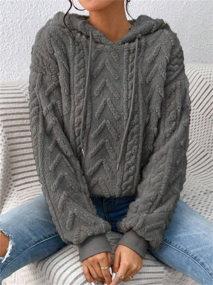 Autumn New Ladies Drawstring Hooded Teddy Fleece Long-sleeved Casual Sweater