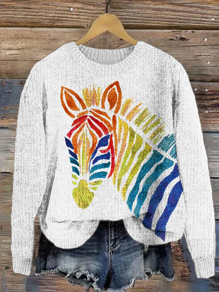 Comstylish Colorful Zebra Embroidery Pattern Crew Neck Sweater