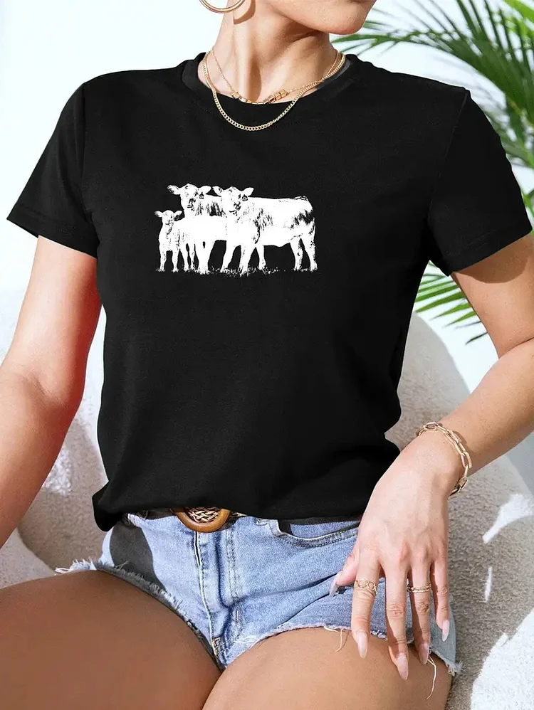 Cow Printed Casual T-Shirt Round Neck Short Sleeve Sports T-Shirt All-match Tops