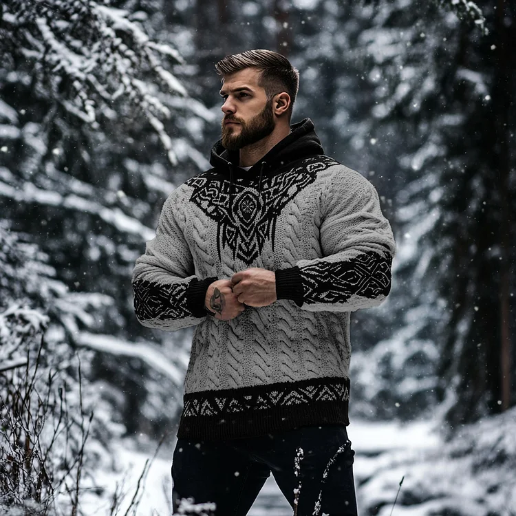 VChics Men's Viking Tribal Jacquard Celtic Inspired Chunky Knit Hooded Sweater