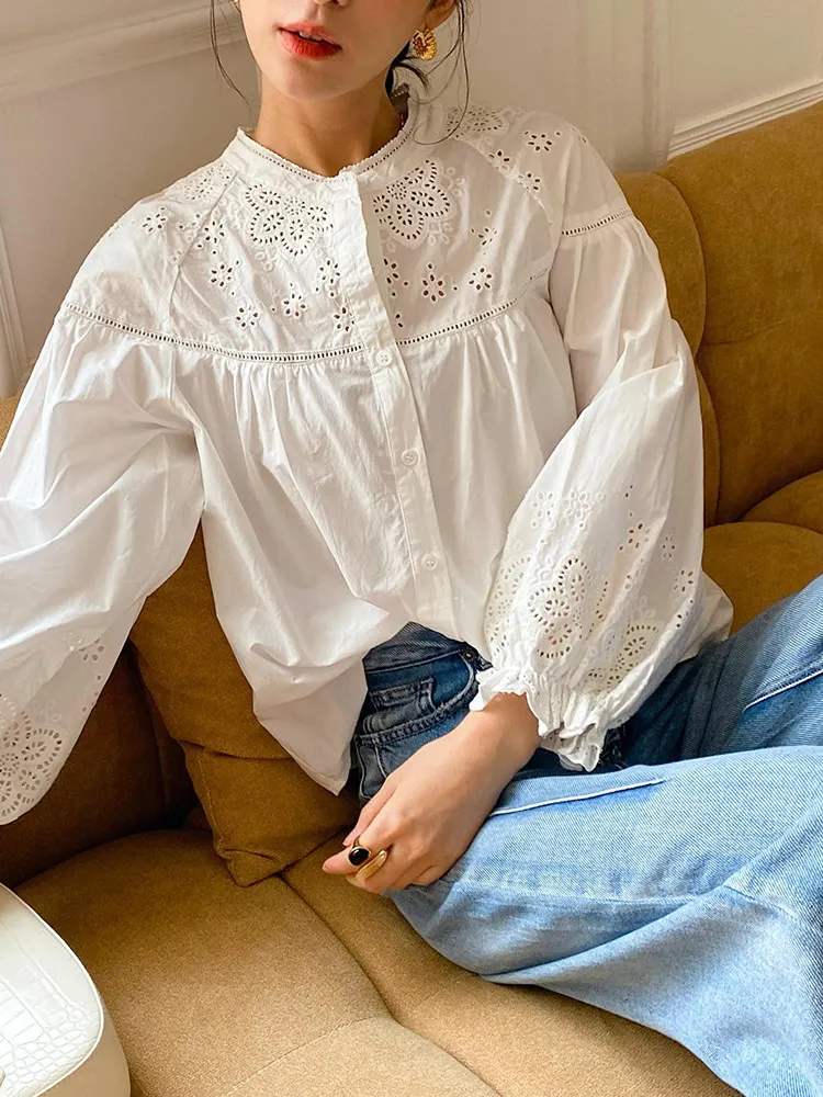 Uveng Uveng 2025 New Style French Embroidered White Shirt Female Long Sleeve Temperament Commuting Southern Oil Women Shirt Women