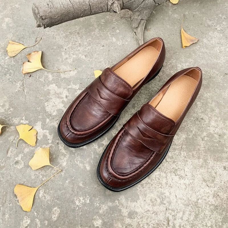 Block Heel Leather Penny Loafers for Women 