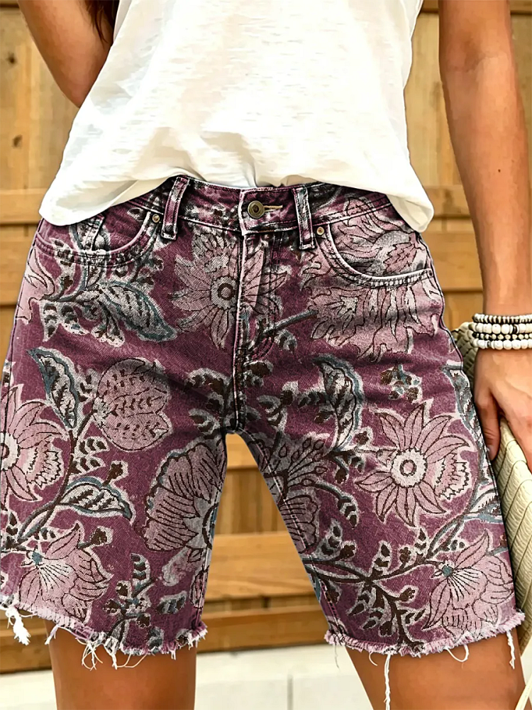 Women's Vintage Floral Print Denim Shorts