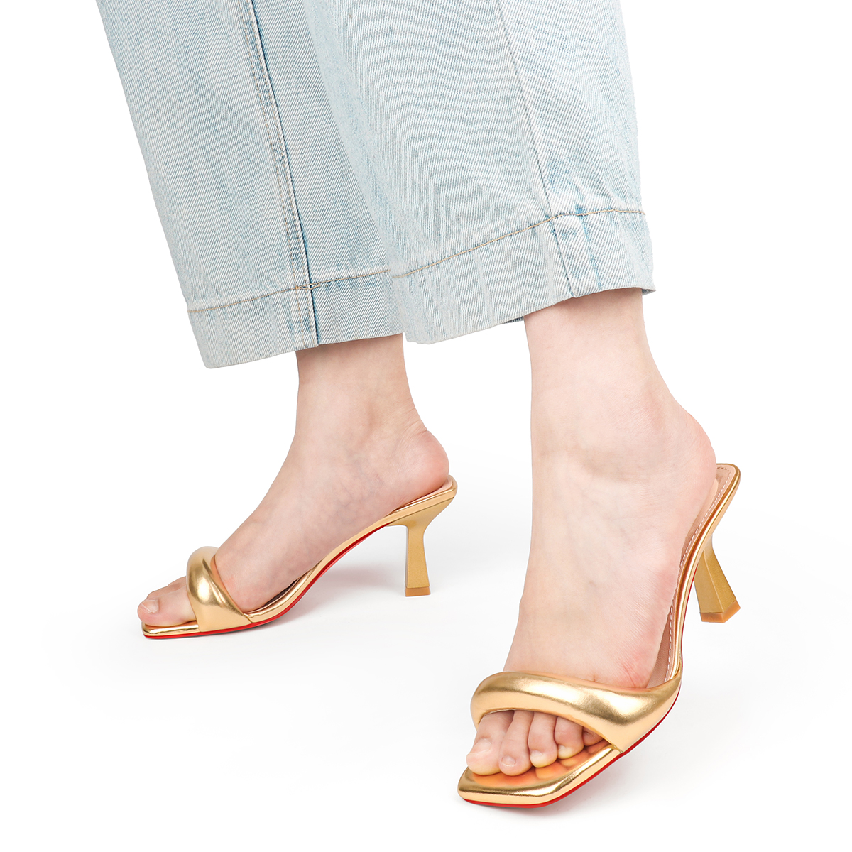 70mm Women's Special Heel Mule Sandals Square Toe Red Bottom Shoes  -vocosishoes