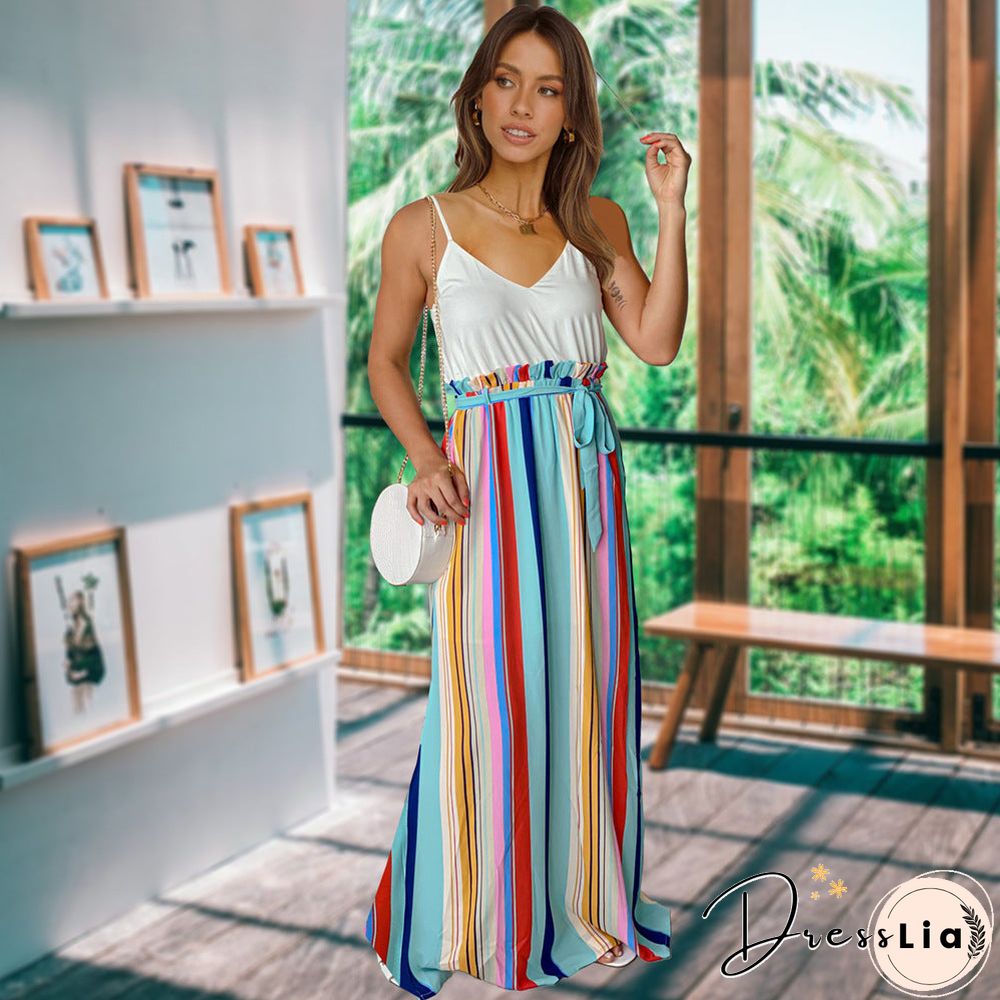 Waist Tie V Neck Spaghetti Strap Maxi Dress