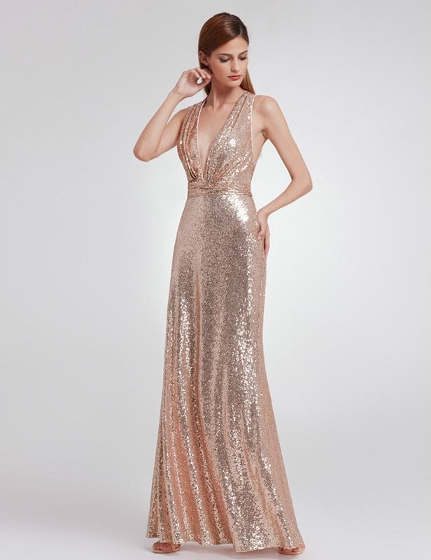Elegant V-Neck Sleeveless Sequins Long Evening Prom Dress Online