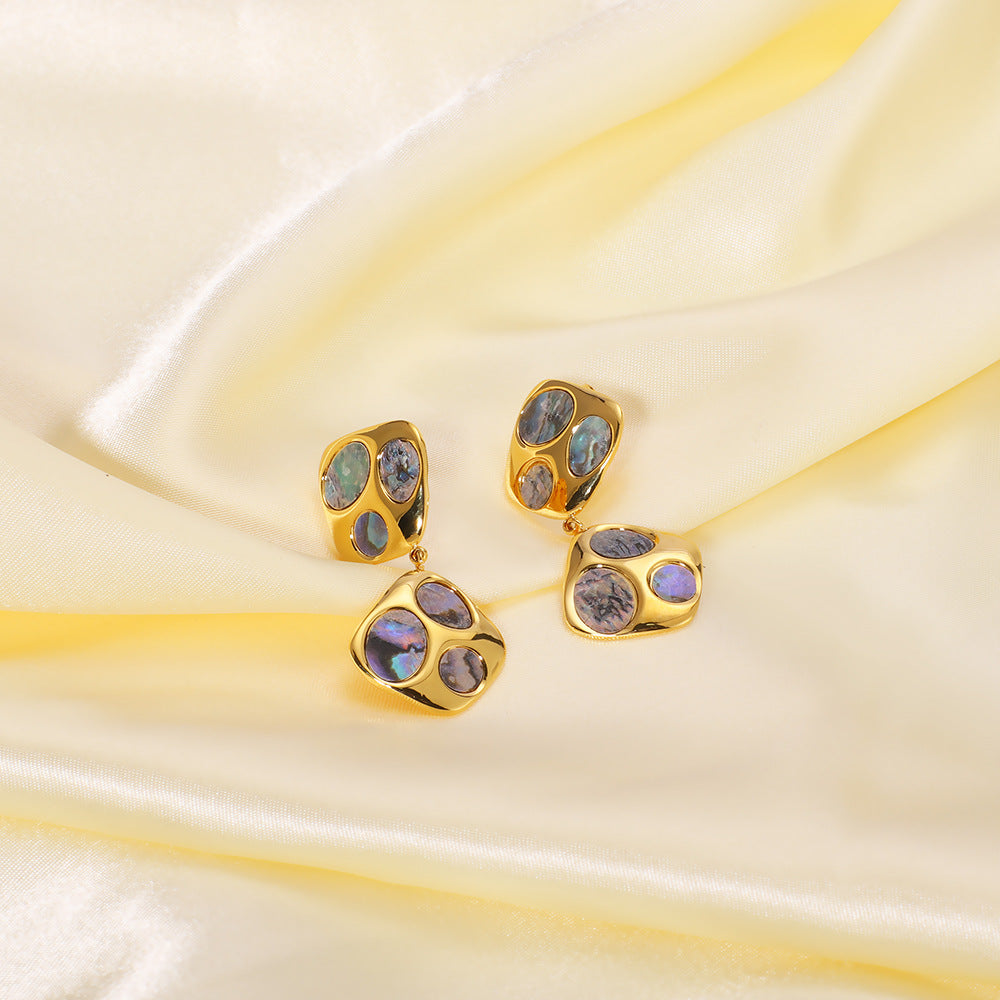 Ins Simple Design French Stainless Steel Irregular Inlaid Natural Black Shell Geometric 18K Gold Earrings
