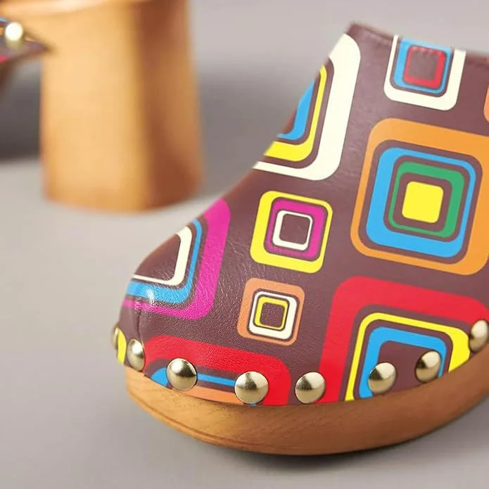 Multicolor Round Toe Platform Ddecorative Studded High Heel Mules