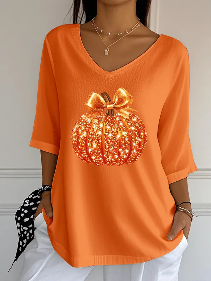 Women's Sequined Pumpkin Print Jacquard Fabric Casual V-Neck Top 