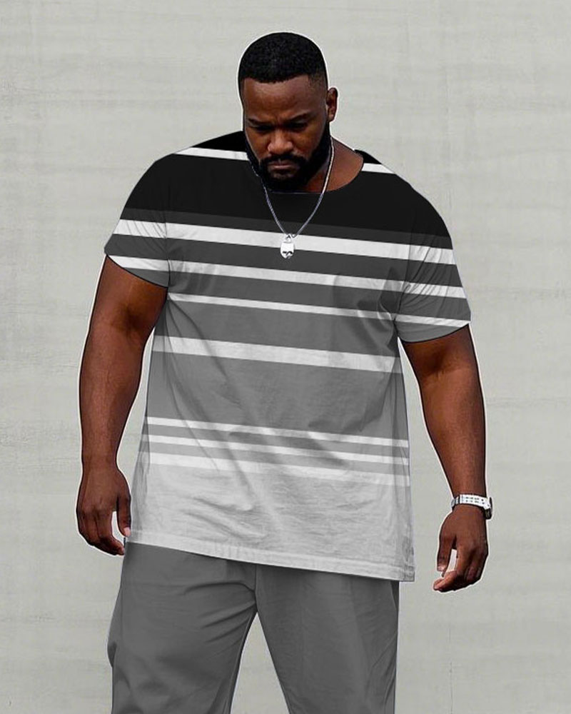 Men's Plus Size Black Gray Thick Striped Short Sleeve T-shirt Trousers Suit