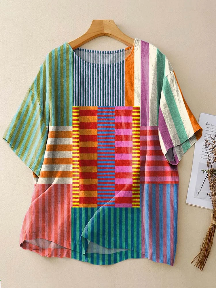 Women's Geometric Pattern Art Print Casual Cotton Linen Crew Neck Shirt