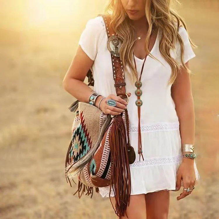 Women's Vintage Print Fringe Shoulder Bag