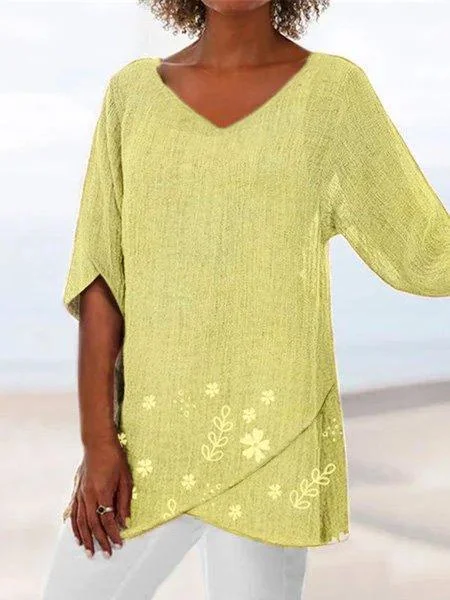 Plus Size Floral Print Irregular Women Summer Blouses Linen | IFYHOME