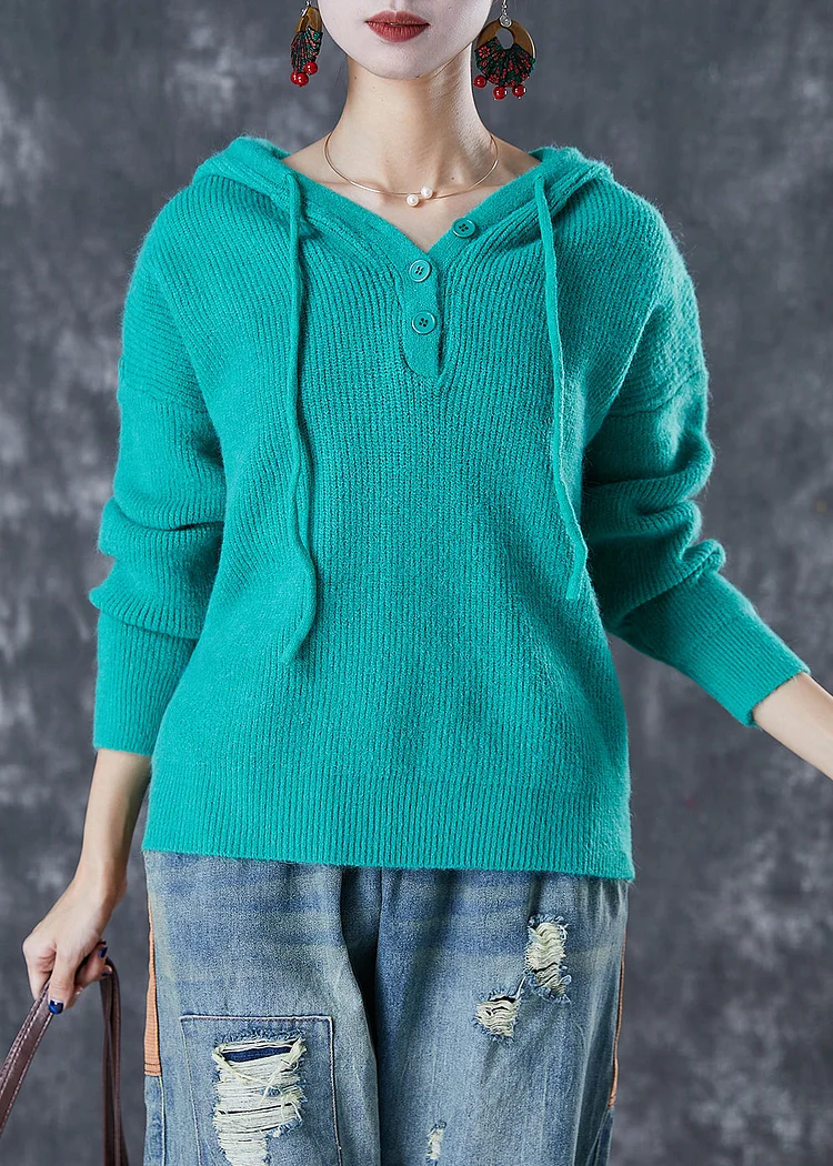 Women Green Hooded Drawstring Knit Sweatshirts Top Fall