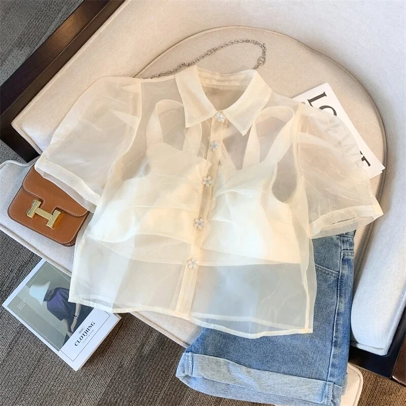 Ueong Summer Hotsweet Style Turn-down Collar Puff Sleeve Thin Chiffon Female Blouses Women's Fashion Casual Solid Color Shirts