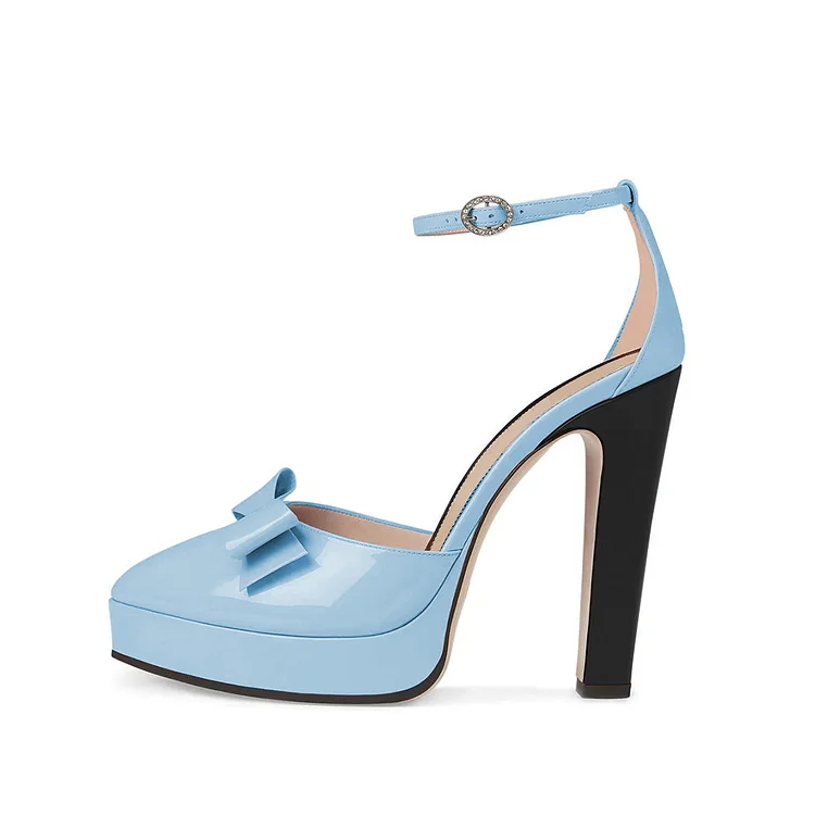 Blue Platform Chunky Heels Pointed Toe Ankle Strap Pumps |FSJ Shoes