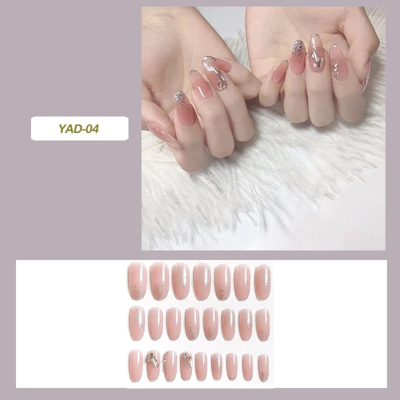 24pcs fake stick on nails Shiny Long Paragraph Fashion Removable Manicure Patch press on nails long stiletto full cover for girl-Nail Inspo
