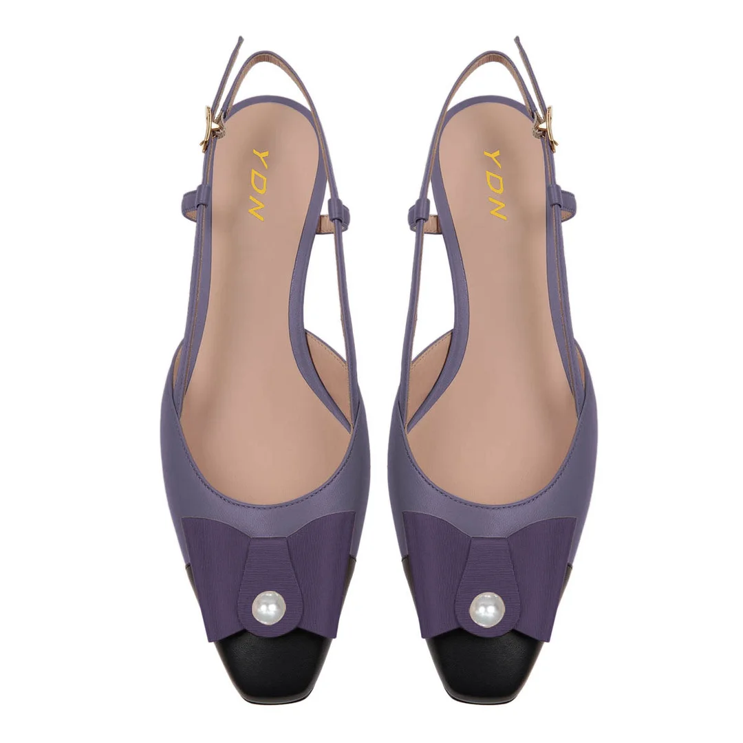 YDN Purple Square Cap Toe Bow Pearl Slingback Chunky Heels