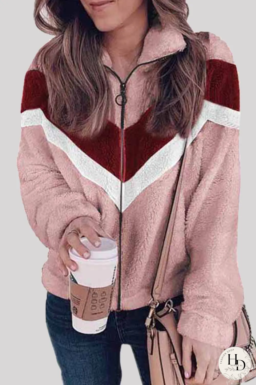 Casual Striped Split Joint  Contrast Zipper Collar Outerwear