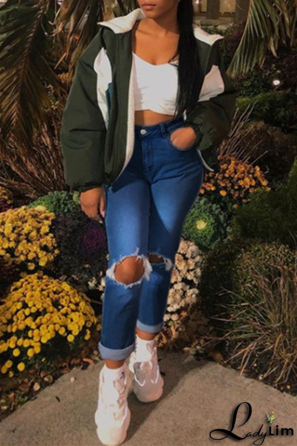 Dark Blue Fashion Casual Solid Ripped High Waist Regular Denim Jeans