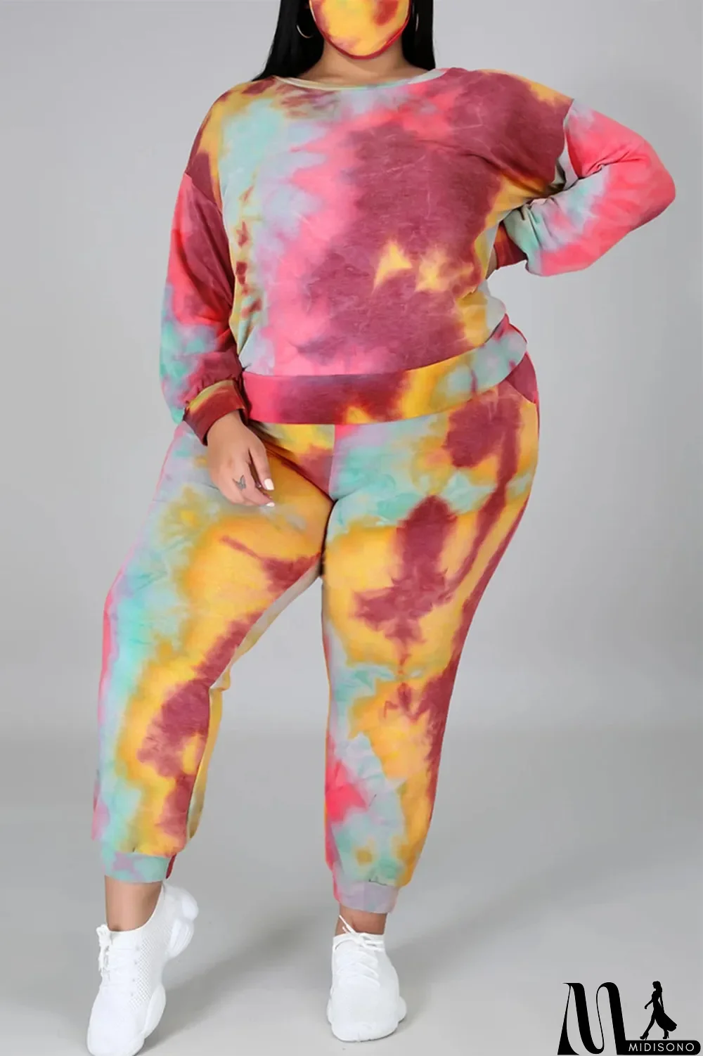 MidiSono - Multicolor Fashion Casual Print Tie Dye Backless O Neck Plus Size Two Pieces