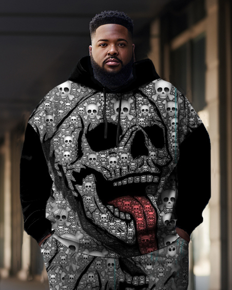 Men's Large Size Color Block Skull Graffiti Hoodie Set of Two