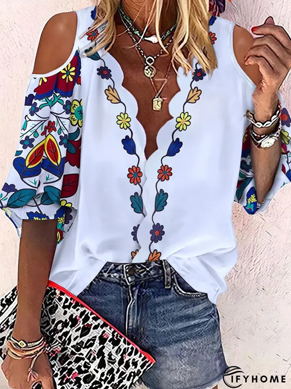 Half sleeve V Neck Floral Tops | IFYHOME
