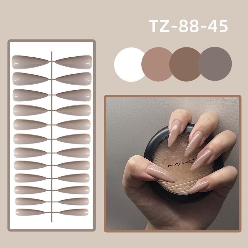 24PCS Khaki Nude False Nails Tips Long Ballerina Pure Color Fake Nails Coffin Full Cover Nail tips XXL With Designs Stiletto