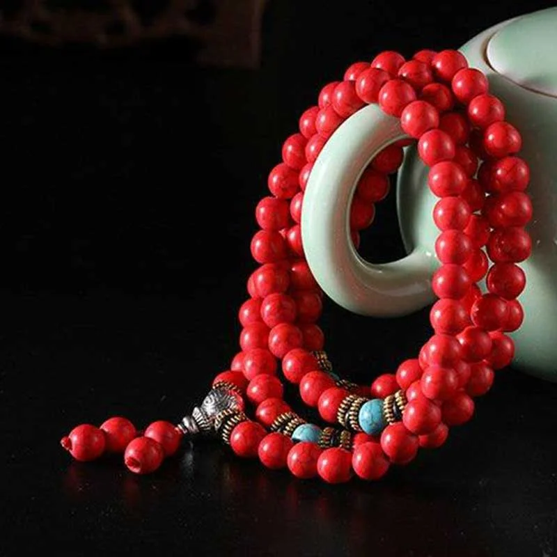 Red Turquoise Amber Turquoise Bead Protection Bracelet Necklace Mala