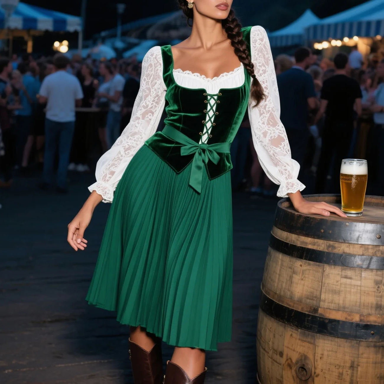 Vintage Dress Suit With Lace Inner Wear, Velvet Drawstring Vest, Pleated Skirt Suit, Beer Festival Dress