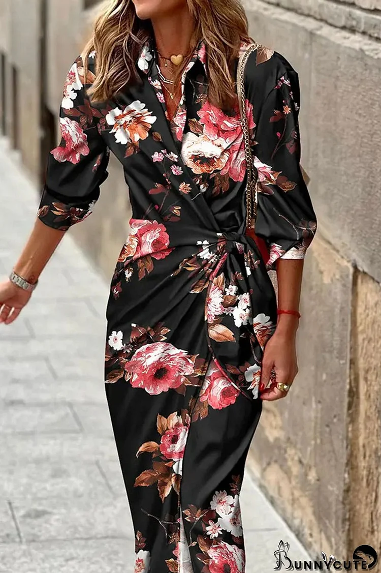 Black Casual Print Bandage Patchwork Turndown Collar Long Sleeve Dresses