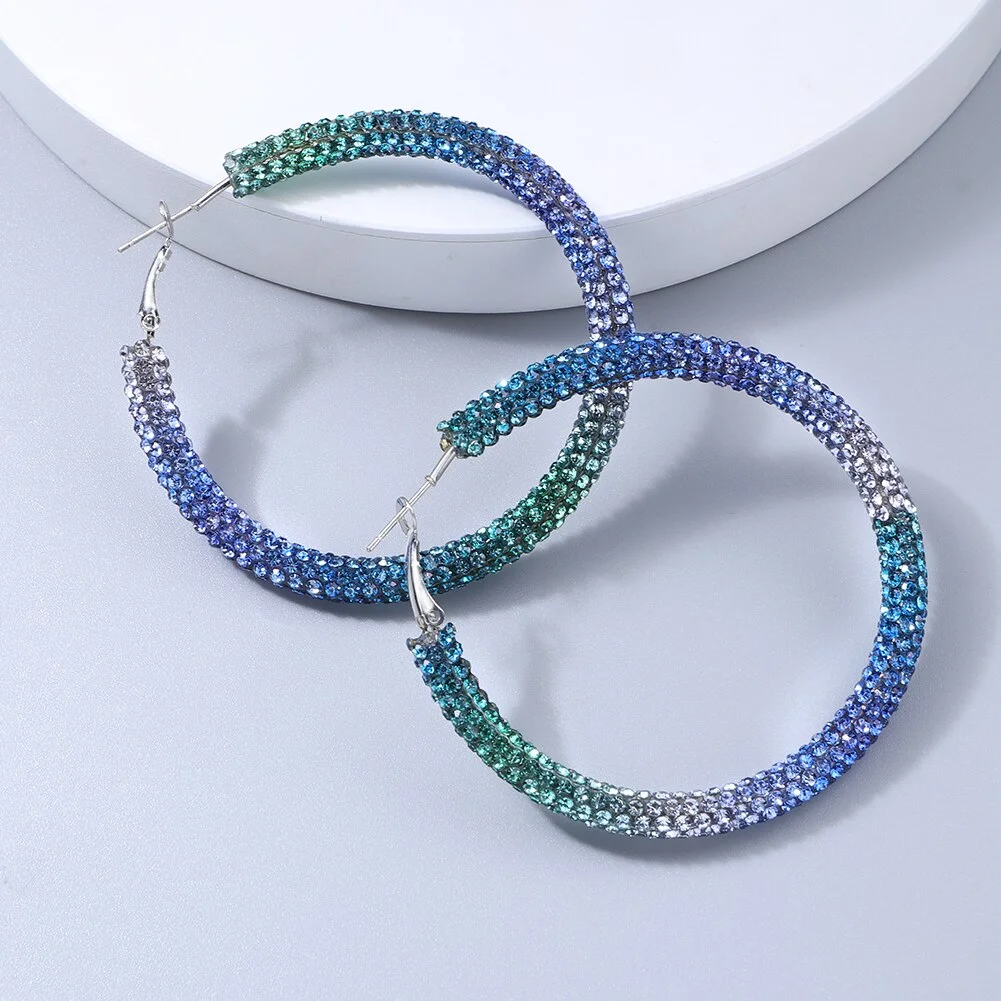 Dvacaman Trendy Gradient Crystal Hoop Earrings Bling Big Round Statement Earrings for Women Party Personalized Jewelry Wholesale