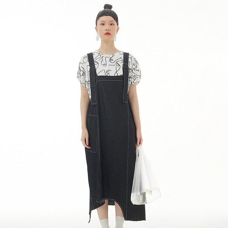 Fashion Loose Square Collar Patchwork Asymmetrical Hem Strap Denim Dress
