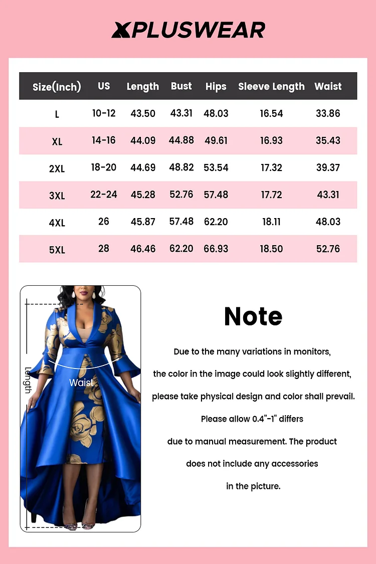 Xpluswear Design Plus Size Formal Royal Blue Floral Turndown Collar Flare 3/4 Sleeve Detachable Overskirt Ruffle Satin Midi Dresses
