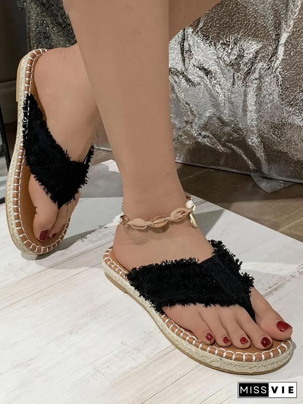Distressed Denim Fringe Straw Bottom Flip Flops