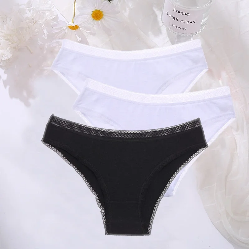 FINETOO 3PCS/Set Cotton Women Mesh Panties Sexy Perspective Lingerie Femme Underwear Girl Underpant Breathable Woman Panty Tanga