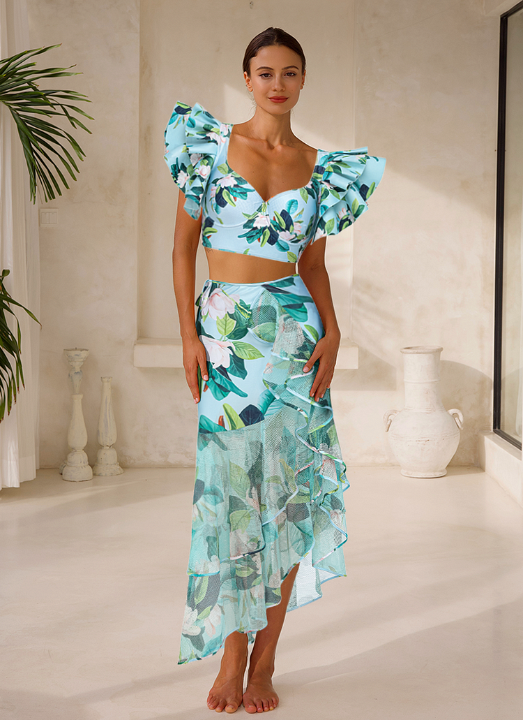Ruffle Mangnolia Print Bikini Swimsuit and Skirt