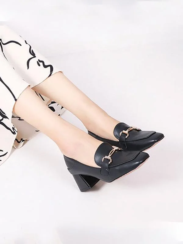 Fashionable metal buckle casual high-heel chunky square toe loafers