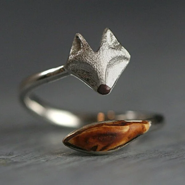 925 Sterling Silver Fox Wooden Tail Adjustable Ring