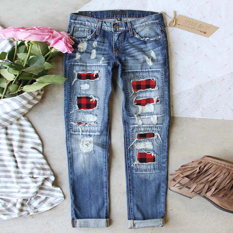 Red Check Print Panel Ripped Straight Jeans wearshes