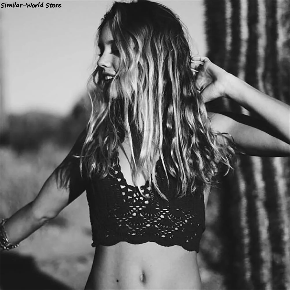 New Knit Crochet Cami Summer Bikini Beach Crop Top Sexy Women Bralette Halter Neck Crop Tops S / M / L / XL HOT